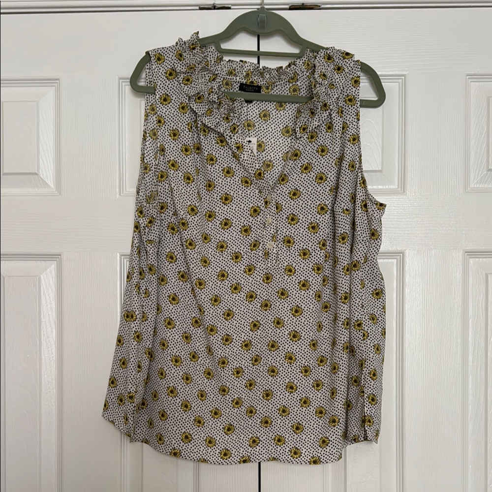 Talbots Cream and Black with Yellow Flowers Sleeveless Ruffled Blouse, Size 2xP